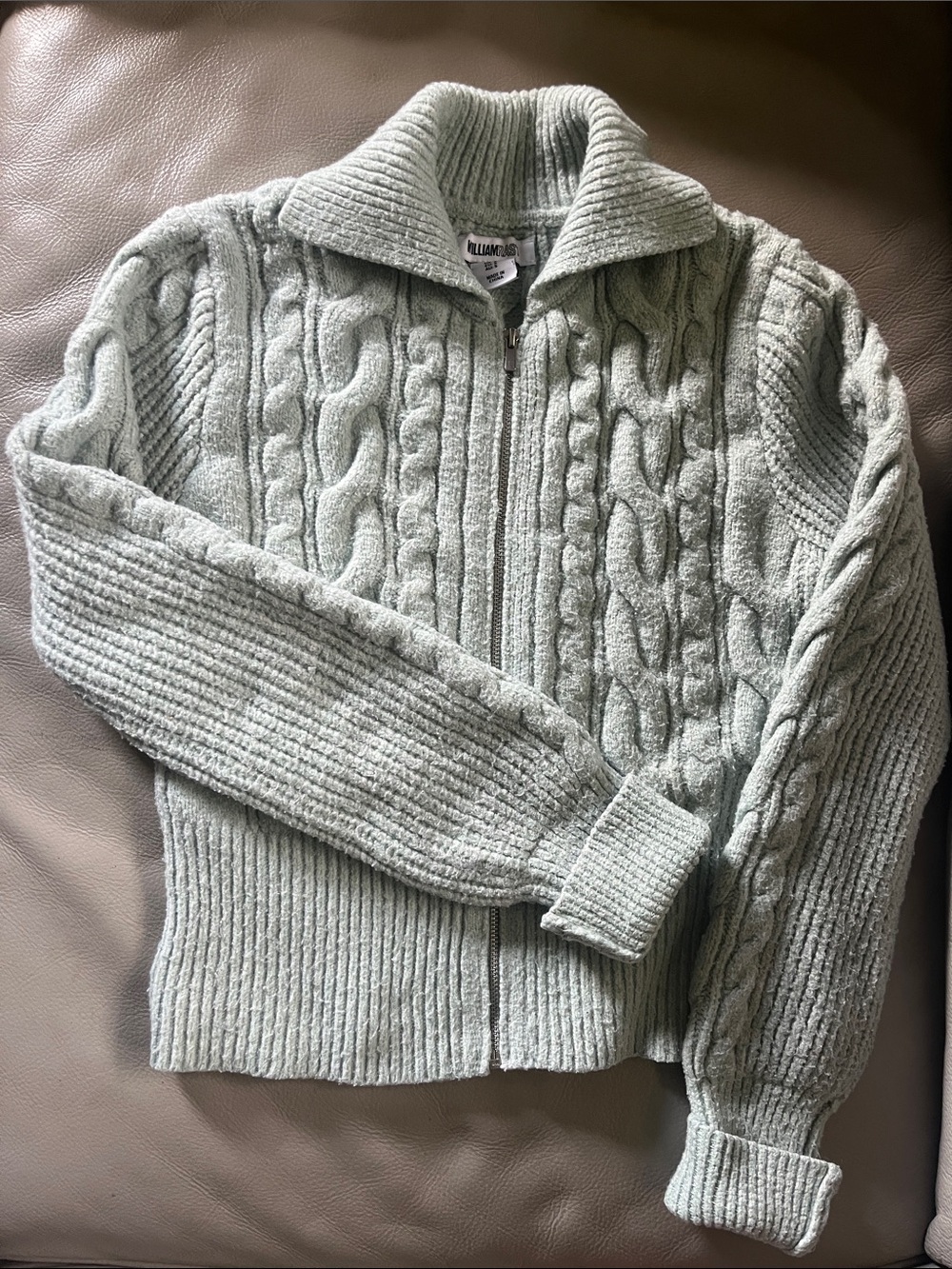William Rast Light Sage Green Cable Knit Zip Cardigan